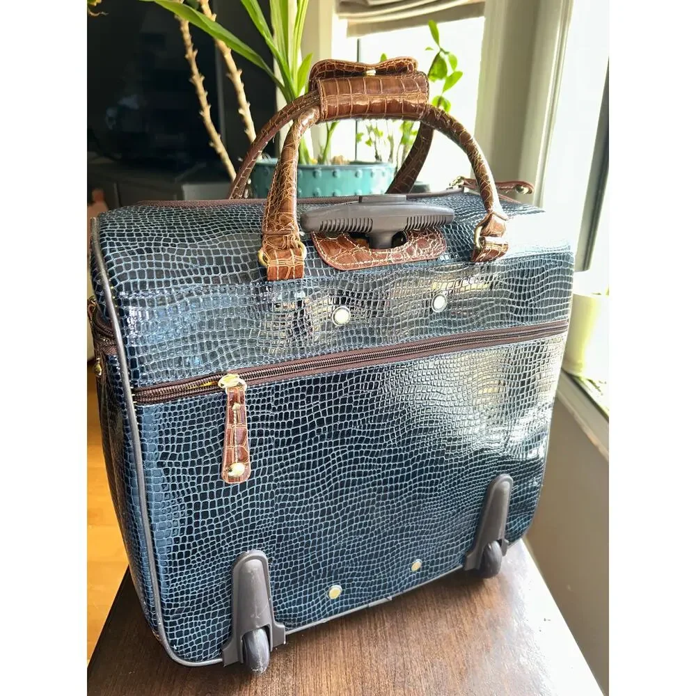 New Samantha Brown blue croc rolling carry-on luggage suitcase & toiletry bag
